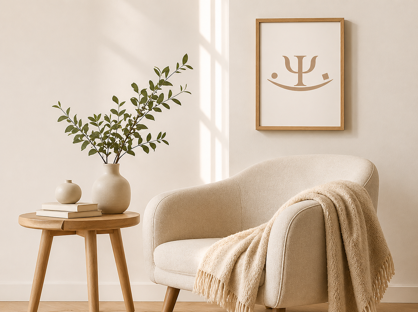 Consulta psicológica con sillón beige y plantas